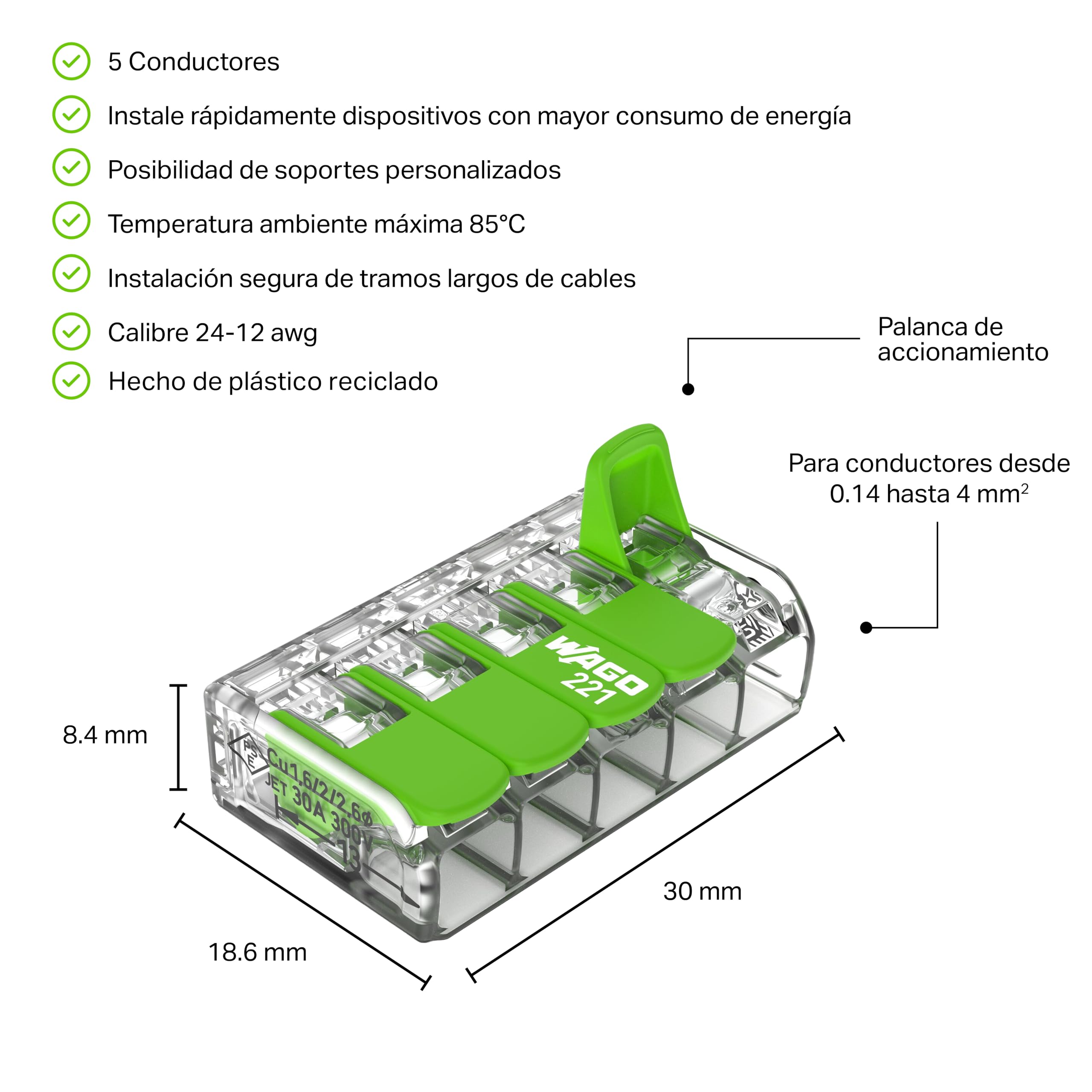 221-425 | WAGO Splicing Connector Green Range | for Solid, Stranded and fine-Stranded Conductors | 5-Conductor with levers | 24-12 AWG | Transparent housing | [25 Pieces] - Image 3